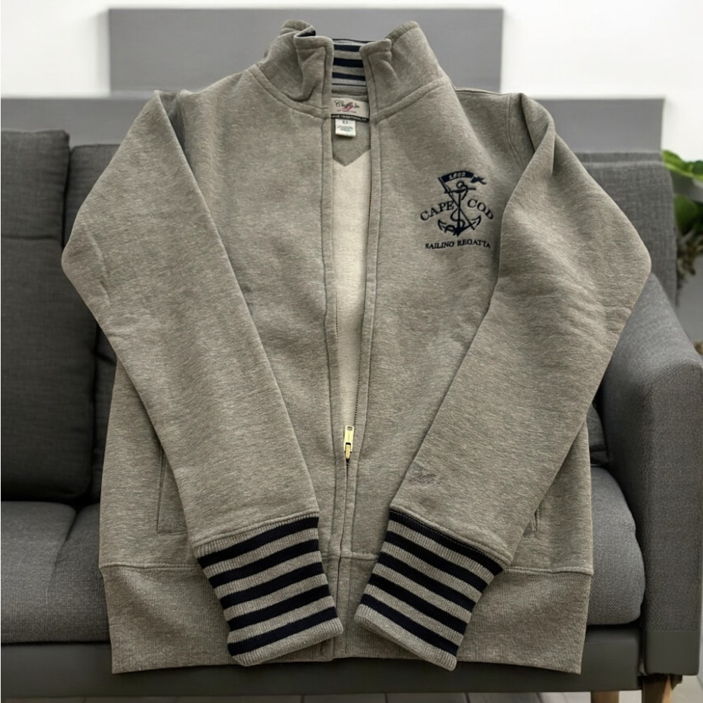 Gray Turtleneck Sweater with Striped Sleeves